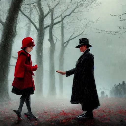 Prompt: a highly detailed epic cinematic concept art, a thin man in a black coat and bowler hat talks with small young girl who is dressed in a red coat and a red hat, park, autumn, 1923, wide angle, high detail, in style of Greg Rutkowski, width 768