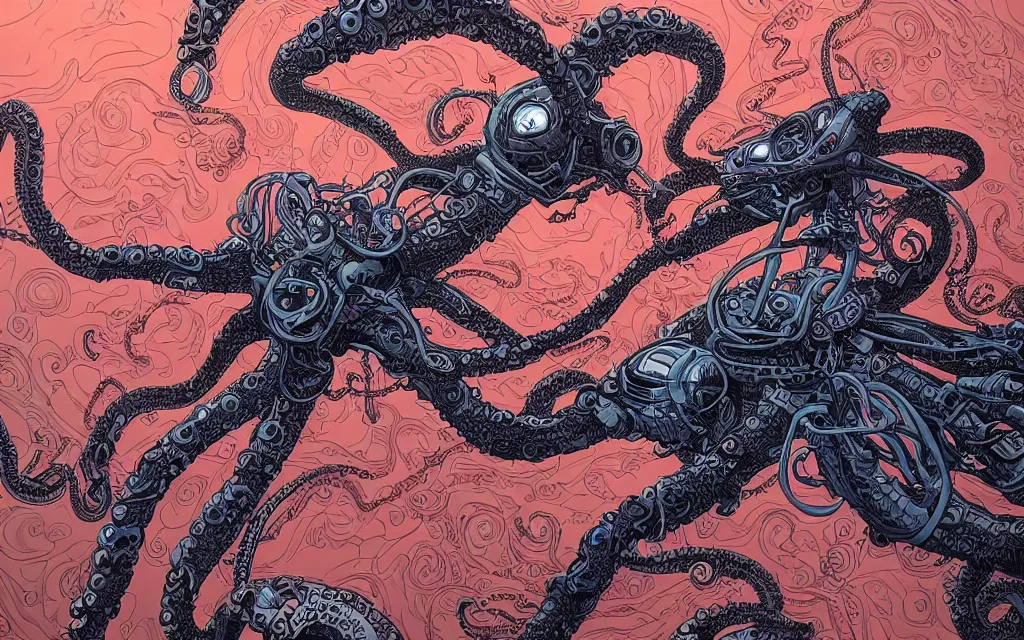 Prompt: biomechanical flying octopus, in the style of james jean and laurie greasley, dynamic composition, dramatic lighting, ultra detailed, nitro colors