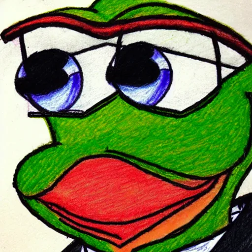 Image similar to pepe the frog from 4chan smirking, coloured pencil sketch in the style of matt furie feels good man, shadows, cool, hand drawn