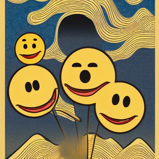 Image similar to melting smiley faces poster in the style of ukiyo - e, 4 k, hd, very detailed and clear