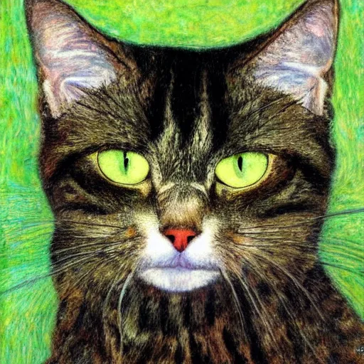 Image similar to portrait of a very fluffy dark tabby cat with green eyes, intricate, elegant, highly detailed, smooth, sharp focus, illustration, art by gustav klimt