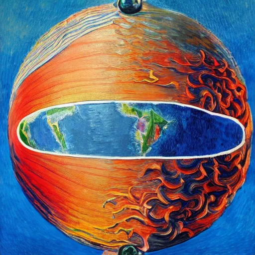 Image similar to a highly detailed painting of the world globe in flames, inspired by dali, matisse, klee, bosch, david hockney, trending on artstation, 4 k