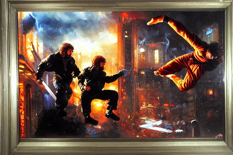 Prompt: chuck norris kicking a ninja out a window, an oil painting by ross tran and thomas kincade