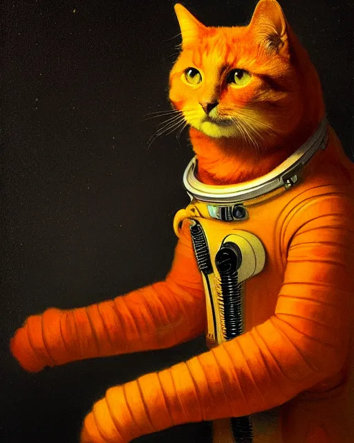 Prompt: orange cat cosmonaut, proudly posing for a portrait, painted by rembrandt, intricate, detailed, atmospheric lighting, golden hour.