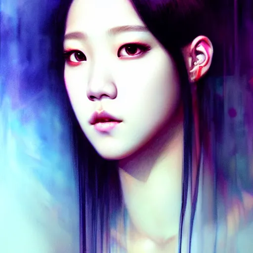 Image similar to jisoo of blackpink, hyperrealistic portrait, bladerunner street, by karol bak and agnes cecile, fantasy art, photo realistic, dynamic lighting, artstation, poster, volumetric lighting, very detailed face, 8 k, award winning