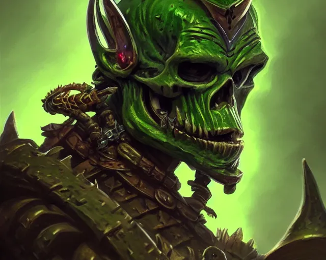 Image similar to a mind - blowing portrait of a goblin chieftain, wearing a skeleton armor, green, deep focus, d & d, fantasy, intricate, elegant, highly detailed, digital painting, artstation, concept art, matte, sharp, illustration, hearthstone, art by artgerm and greg rutkowski and alphonse mucha