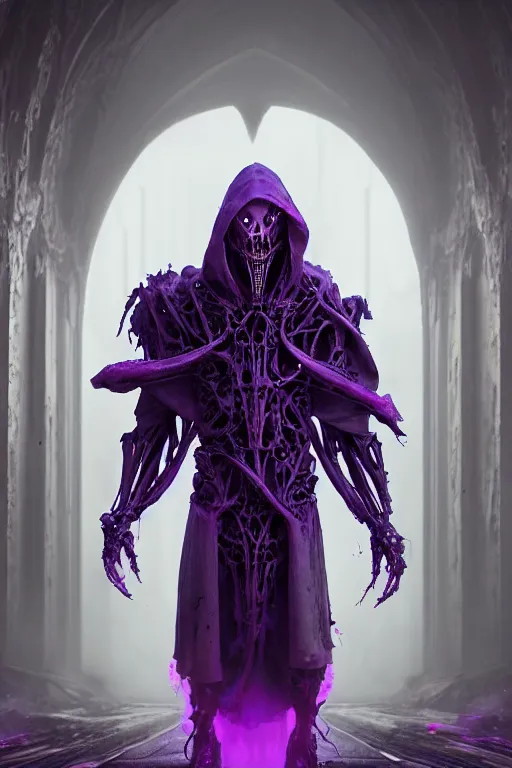 Prompt: character and environment design, ( ( biomechanical ) ) archanist covered in otherworldly dreamy purple magic, tattered!!! robe and hood, library halls, blue light, fog, scary, arrogant, hostile, photorealistic, cinematic, hyper realistic, octane render, 8 k, wide angle