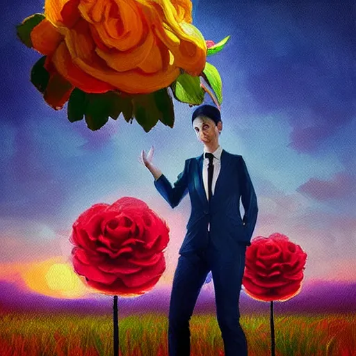 Image similar to portrait, giant rose flower head, girl dancing in a suit, surreal photography, sunrise, blue sky, dramatic light, impressionist painting, digital painting, artstation, simon stalenhag