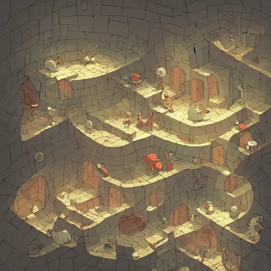 Image similar to Goro Fujita illustrating View of the house of an underground rabbit, with all the labyrinths that communicate with each other, art by Goro Fujita, sharp focus, highly detailed, ArtStation