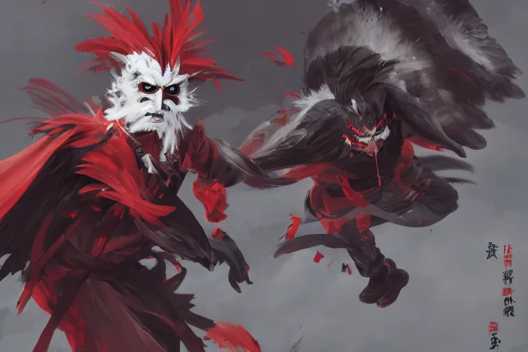 Image similar to a man in a tengu mask controlling the wind with his hands, dynamic, action pose, digital painting, WLOP, trending on artstation, 8k, epic composition, highly detailed, sharp focus