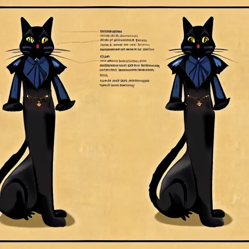 Prompt: A reference sheet for a formally dressed anthropomorphic black cat, digital art