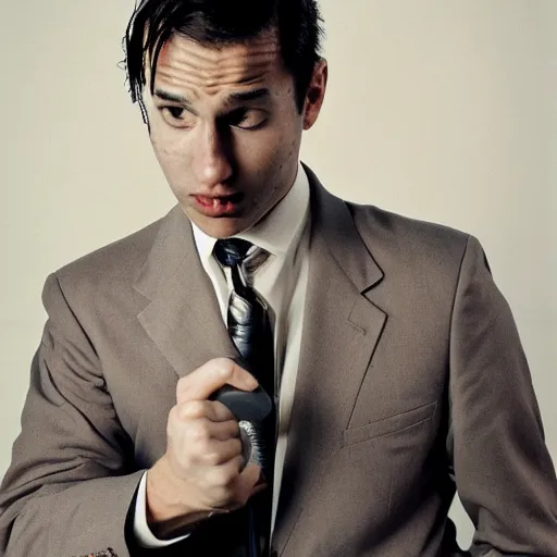 Prompt: spaghetti face man in a suit by john rafman in color, portrait, film photography, direct flash, highly detailed, sharp,