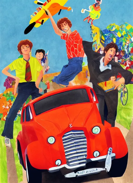Image similar to Andy Samberg in Hot Rod (2007), children's book cover by Eric Carle, detailed