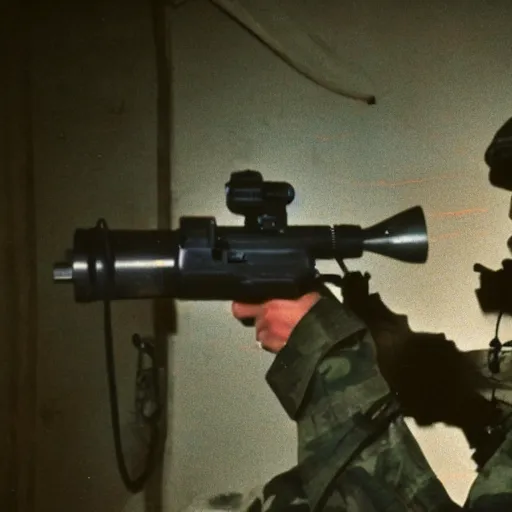 Image similar to a high quality color creepy atmospheric dimly lit extreme closeup film 3 5 mm depth of field photograph of a man wearing army fatigues, face dripping with sweat, holding a machinegun nervously pointing it in front of him getting ready to shoot, in a secret military bunker in antarctica in 1 9 8 2