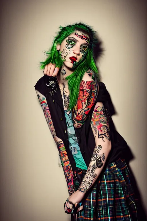 Image similar to upper body portrait hannah murray as a punk woman with green mohawk, covered in neotraditional style tattoos, wearing a bold tee shirt, flannel jacket, fishnets and a long tartan skirt, intimidating, max details, hyperrealistic, photorealistic, ultra - realistic, ultra - detailed, cinematic, 8 k resolution by alan lee