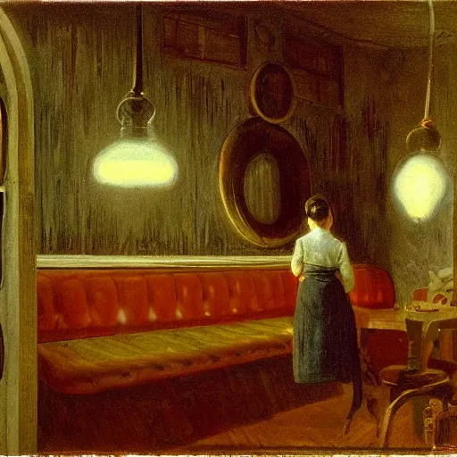 Prompt: ice cream parlor ( 1 8 5 0 ). the room is dimly lit with a single flickering lightbulb. the ice cream case has leaked melted ice cream onto the floor, the shape of the melted ice cream puddle is reminiscent of werewolf fangs. there is an eerie blue glow. by thomas eakins