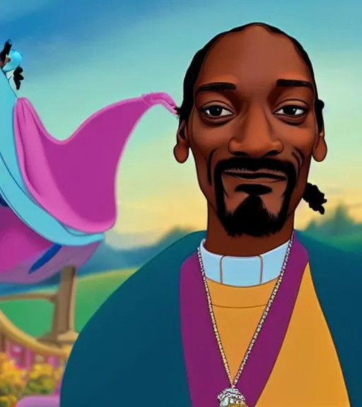 Image similar to Snoop Dogg as a Disney princess, animated movie still.