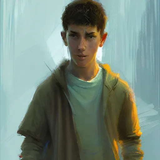 Prompt: a teenage boy with a slouch and acne silently fuming. By Craig Mullins. Jordan Grimmer.