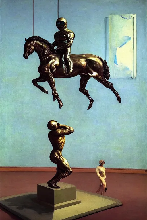 Image similar to bodybuilder in an astronaut helmet lifts a statue of a horse, highly detailed painting by francis bacon, edward hopper, adrian ghenie, gerhard richter, and james jean soft light 4 k,