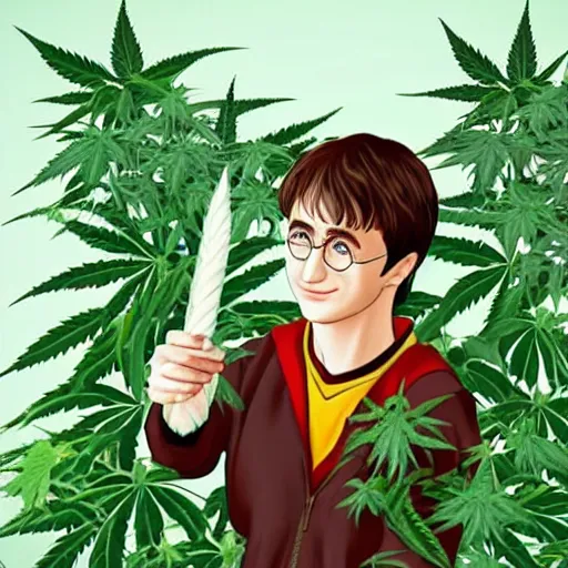 Image similar to harry potter holding a long joint, surrounded by weed plants, jungle of weed plants, red fire eyes, realistic