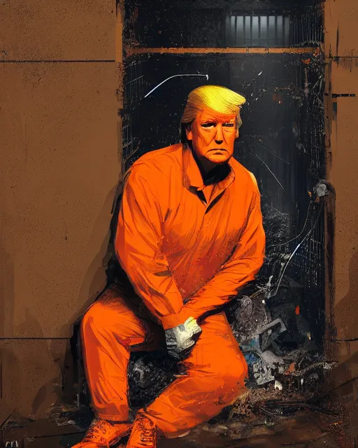 Image similar to a headshot portrait of Donald trump sitting on the floor of a filthy rat infested concrete jail, dimly lit, volumetric lighting, wearing a orange jumpsuit in jail by craig mullins, octane,