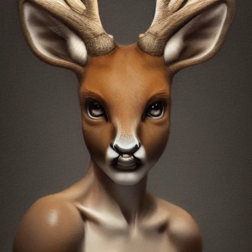 Prompt: photo realistic image of anthropomorphic deer female, stunning 3 d render inspired art by istvan sandorfi and greg rutkowski, perfect facial symmetry, realistic, highly detailed attributes and atmosphere, dim volumetric cinematic lighting,