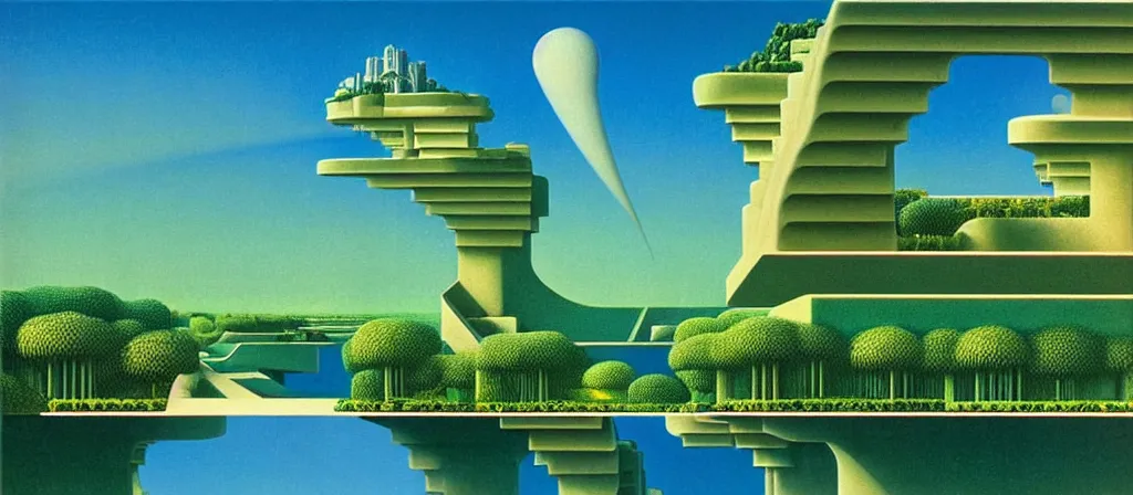 Image similar to huge gargantuan angular dimension of infinite poolsides, buildings by escher and ricardo bofill. utopian landscape by roger dean. magical realism, surrealism, waterfalls, clouds, mallsoft, vaporwave, trending on artstation, shot from below, epic scale