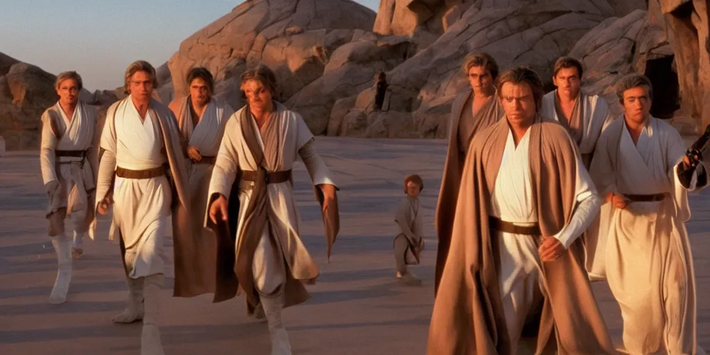 Prompt: A full color still of clean shaven Mark Hamill as Jedi Master Luke Skywalker walking with a human Jedi and two alien Jedi, there are large windows showing a sci-fi city outside, at dusk, at golden hour, from The Phantom Menace, directed by Steven Spielberg, 1999