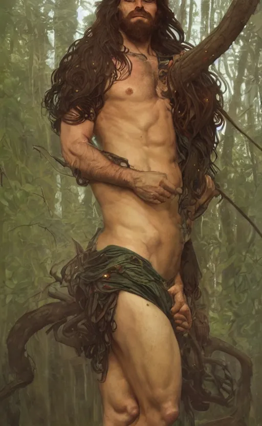 Prompt: god of the forest, 3 0 years old, rugged, male, gorgeous, detailed face, amazing, thighs, full body shot, long hair, muscular, intricate, highly detailed, digital painting, artstation, concept art, sharp focus, illustration, art by greg rutkowski and alphonse mucha