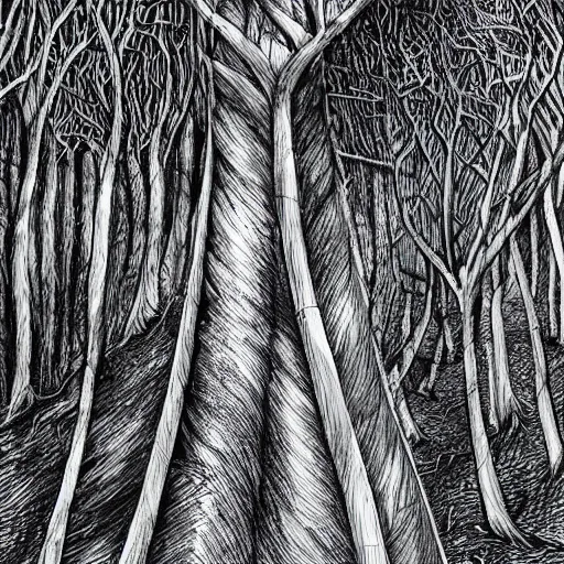 Prompt: spiral trees in a dense forest ballpoint pen