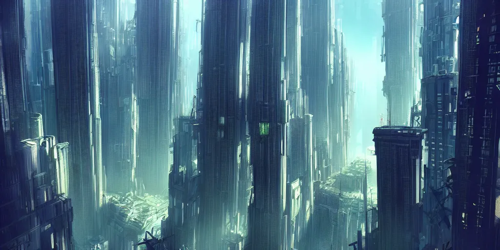 Prompt: sci - fi dense city in a sunken pit, skyscrapers