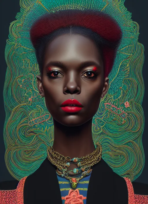 Prompt: pretty black model with sterilitzia : by martine johanna and simon stalenhag and chie yoshii and casey weldon and wlop : : ornate, dynamic, particulate, rich colors, intricate, elegant, highly detailed, vogue, harper's bazaar art, fashion magazine, smooth, sharp focus, 8 k, octane render,