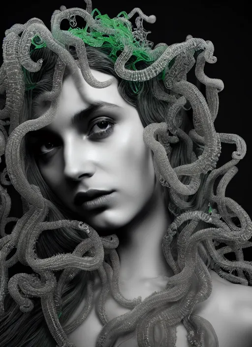 Image similar to surreal mythical dreamy dark artistic black and white fine art photo of a beautiful young female medusa - mermaid - cyborg covered with translucent algae, highly detailed, intricate crystal ivy jelly fish scales ornate, lace web, poetic, octane render, 8 k, photo - realistic, by man ray