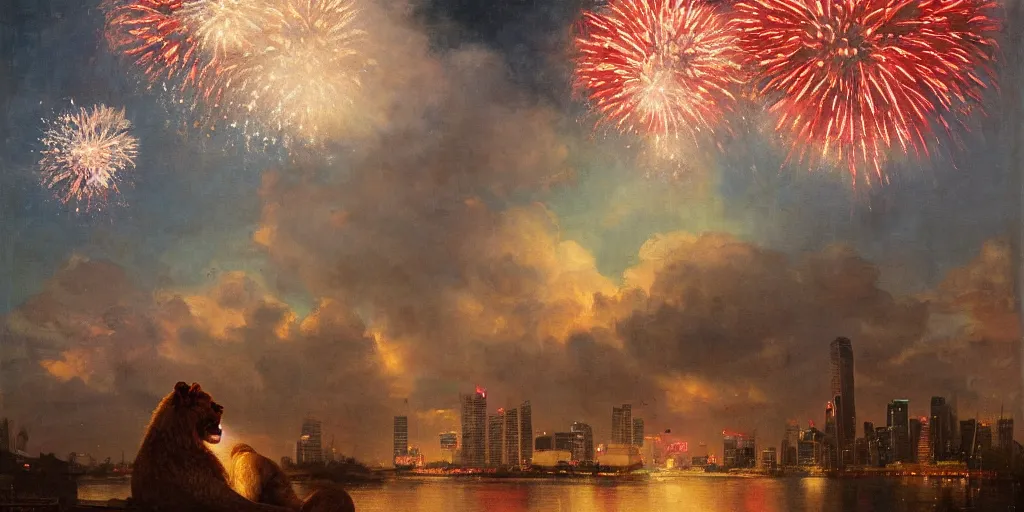 Image similar to painting of Singapore city with a lion-shaped cloud in the sky and fireworks in the sky, red and white lighting by Solomon Joseph Solomon and Richard Schmid and Jeremy Lipking victorian genre painting full length portrait