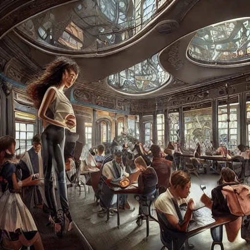 Image similar to a modern school reception, realistic, sharp focus, 8 k high definition, insanely detailed, intricate, elegant, art by stanley lau and artgerm