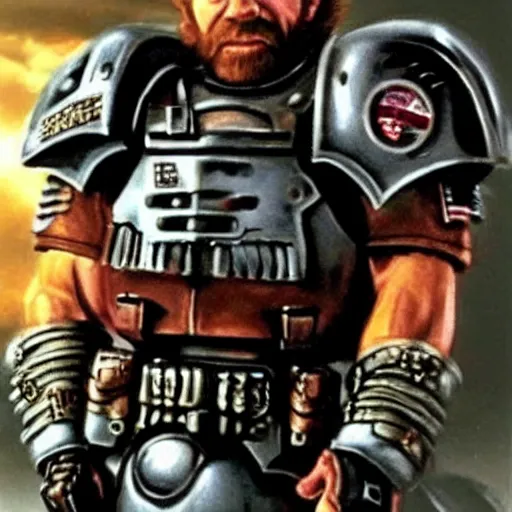 Prompt: Chuck Norris wearing space marine armor no helmet professionally detailed photo realistic - n 9