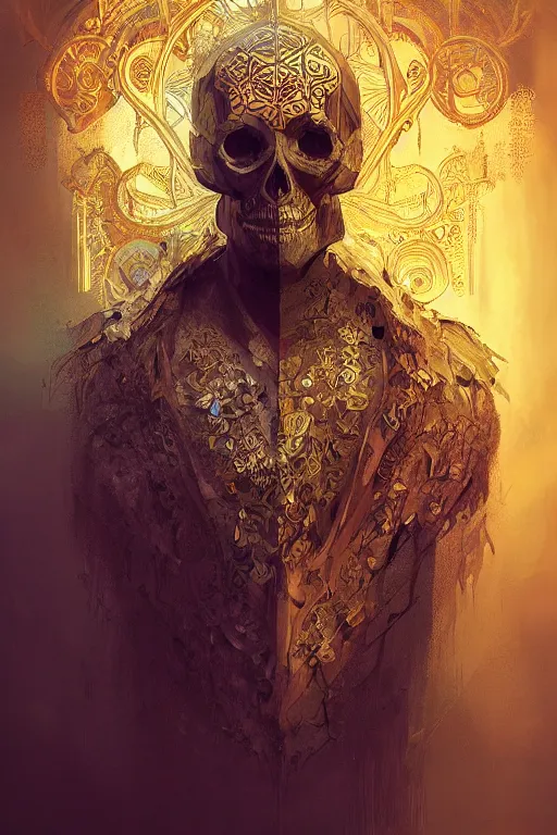 Image similar to concept art skull, the skull is decorated with art deco patterns, close - up portrait, powerfull, intricate, elegant, volumetric lighting, scenery, digital painting, highly detailed, artstation, sharp focus, illustration, concept art, ruan jia, steve mccurry