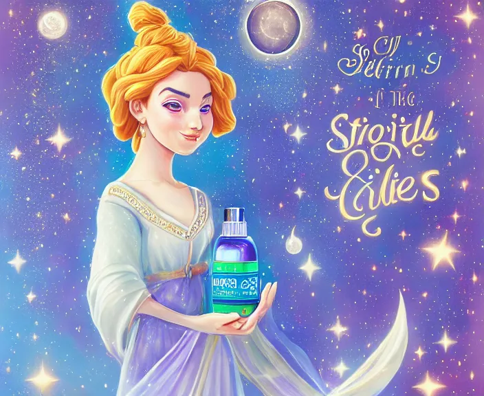 Image similar to an illustration of the spiritual goddess of essential oils, with starry dusted light and a moon, small bottles of oil, in the style of a disney princess, high contrast, highly detailed, sharp focus, digital painting, illustration, trending on artstation,