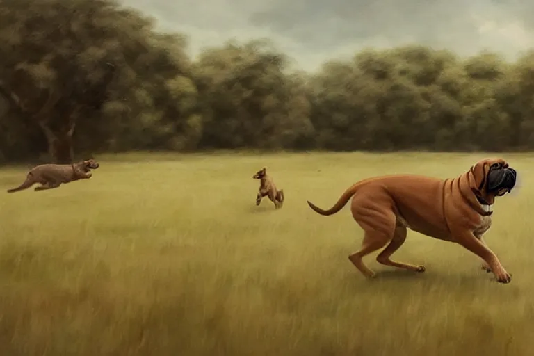 Prompt: a cinematic portrait of a boerboel, chasing kangaroos in a field, movie still, shallow depth of field, muted colors, by krenz cushart