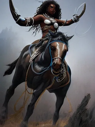 Image similar to painting of a black female zulu warrior riding a horse, highly detailed painting, realistic, symmetrical, illustration, artstation, in the style of frank frazetta, krenz cushart, artem demura