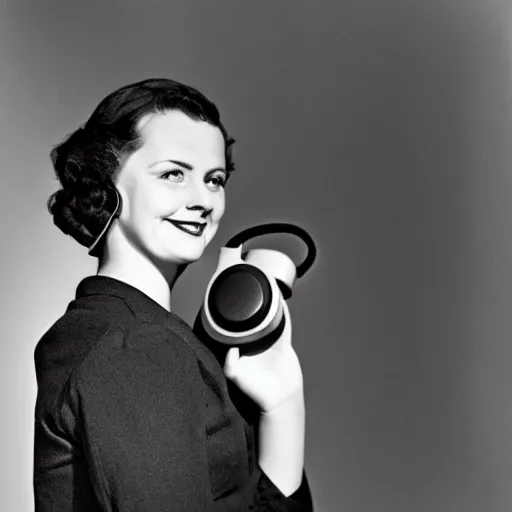 Image similar to woman in the 1 9 5 0's holding a telephone, portrait