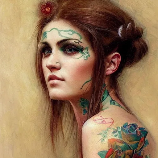 Prompt: photorealistic painting of a female nurse with a tattooed face, realistic eyes, symmetric face, beautiful bone structure, dark blonde long hair, painting by gaston bussiere