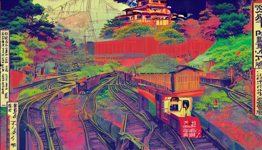 Prompt: Japan rural splendor rail travel and touring c2050, surrealist psychedelic photo-collage painting spot illustration in the style of Newsweek magazine, +81 magazine, muted deep neon color