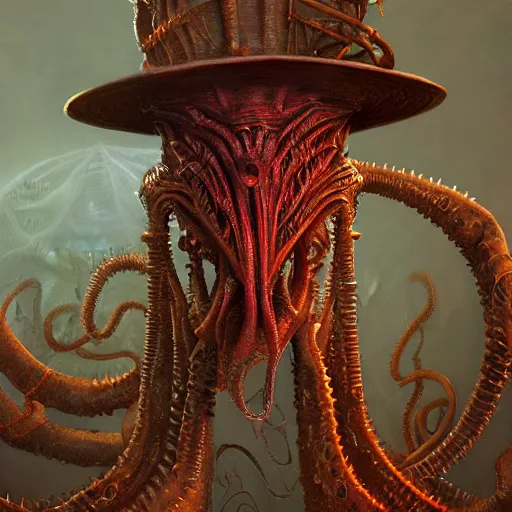 Prompt: detailed portrait, hyperreal demonic lovecraftian biomechanical alien steampunk cyborg cenobite evil stygian cultist nyarlathotep gentleman demon wearing a red top hat and a suit, by wayne barlowe, alan lee, giger, brian froud, lisa frank, luis royo, beksinksi, and alex grey, rendered in octane and unreal engine 5, trending on cgsociety, in the style of doom, warhammer 40k, dead space, mass effect