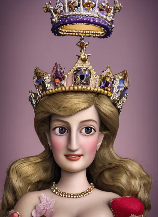 Image similar to closeup face profile portrait of tin toy princess diana as a fairytale princess wearing a crown eating cakes, bikini, depth of field, zeiss lens, detailed, symmetrical, centered, fashion photoshoot, by nicoletta ceccoli, mark ryden, lostfish, breathtaking, 8 k resolution, extremely detailed, beautiful, establishing shot, artistic, hyperrealistic, octane render