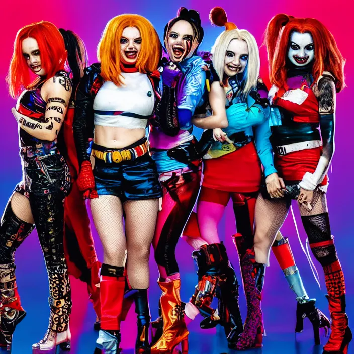Prompt: portrait of Spice Girls as harley quinn in Suicide Squad. intricate artwork, wlop, nekroxiii. octane render, trending on artstation, very coherent symmetrical artwork. cinematic, hyper realism, high detail, octane render, 8k
