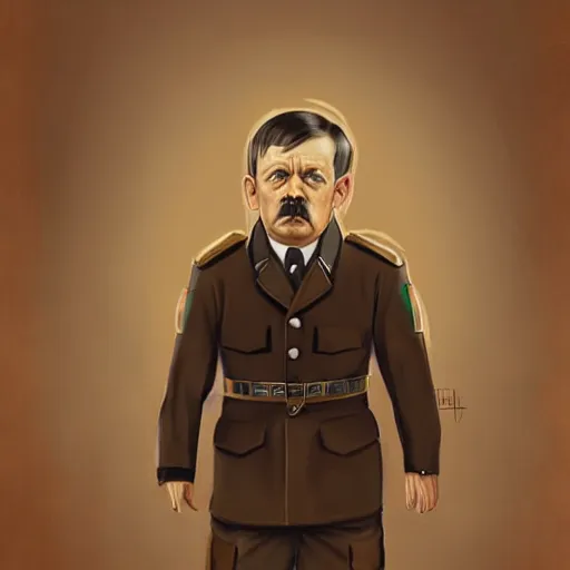 Image similar to hitler as midget standing in train station, portrait, artstation, concept art by greg rutkowsk