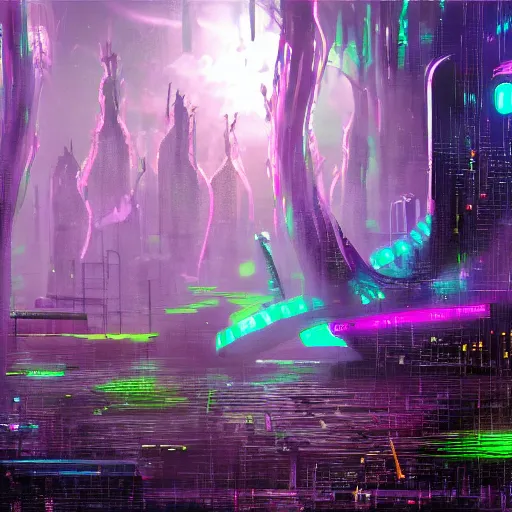 Image similar to cyberpunk magic swamp neon trees