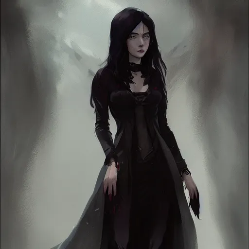 Image similar to female human vampire witch in the style of greg rutkowski, makoto shinkai, trending on artstation, character design, concept art, pretty face, highly detailed, long black hair, portrait, digital art