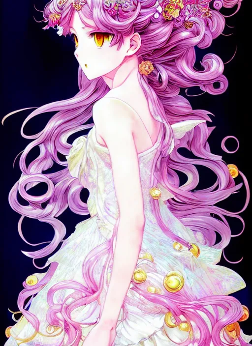 Image similar to exquisite imaginative manga poster of a fairy princess, fate grand order, long wavy hair, rococo ruffles dress, shimmering, by shigenori soejima, minaba hideo, katsuhiro otomo, jump comics, illustration, artstation, dark fantastic, highly detailed, 8 k, fluorescent, fluorescent, maximalist